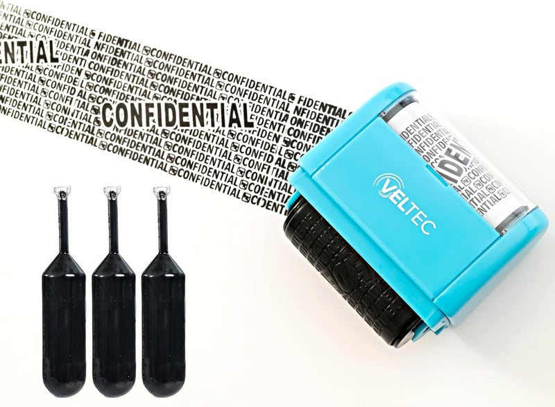 Veltec ID Protector Ink Roller - Identity Theft Protection Roller Stamp Set (Blue, Stamp+3 Refills) - Image 3